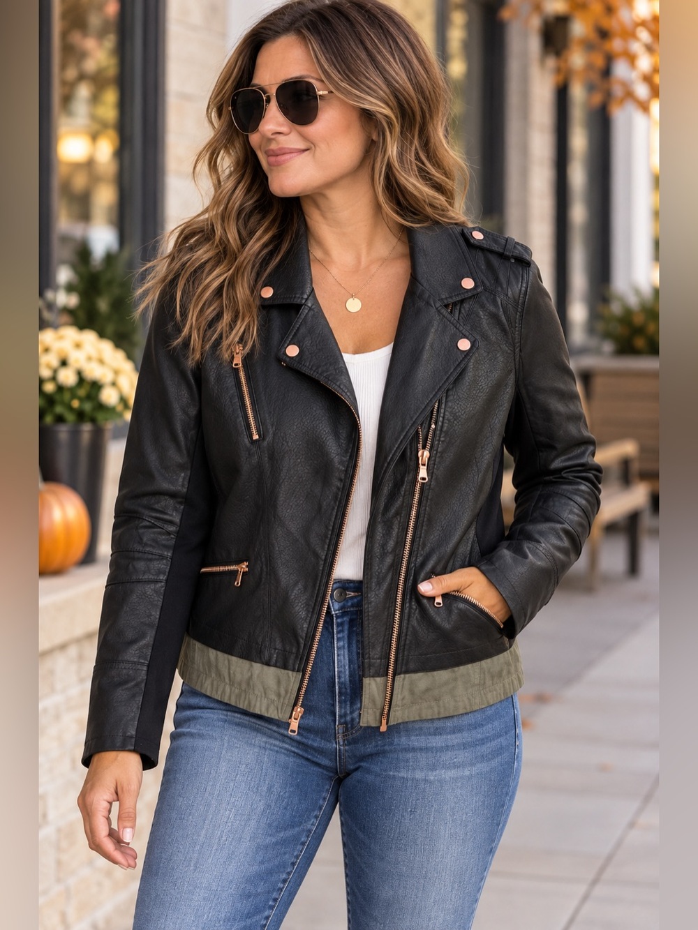 BKE Black Faux Leather Moto Jacket XL Copper Zip Mixed Media